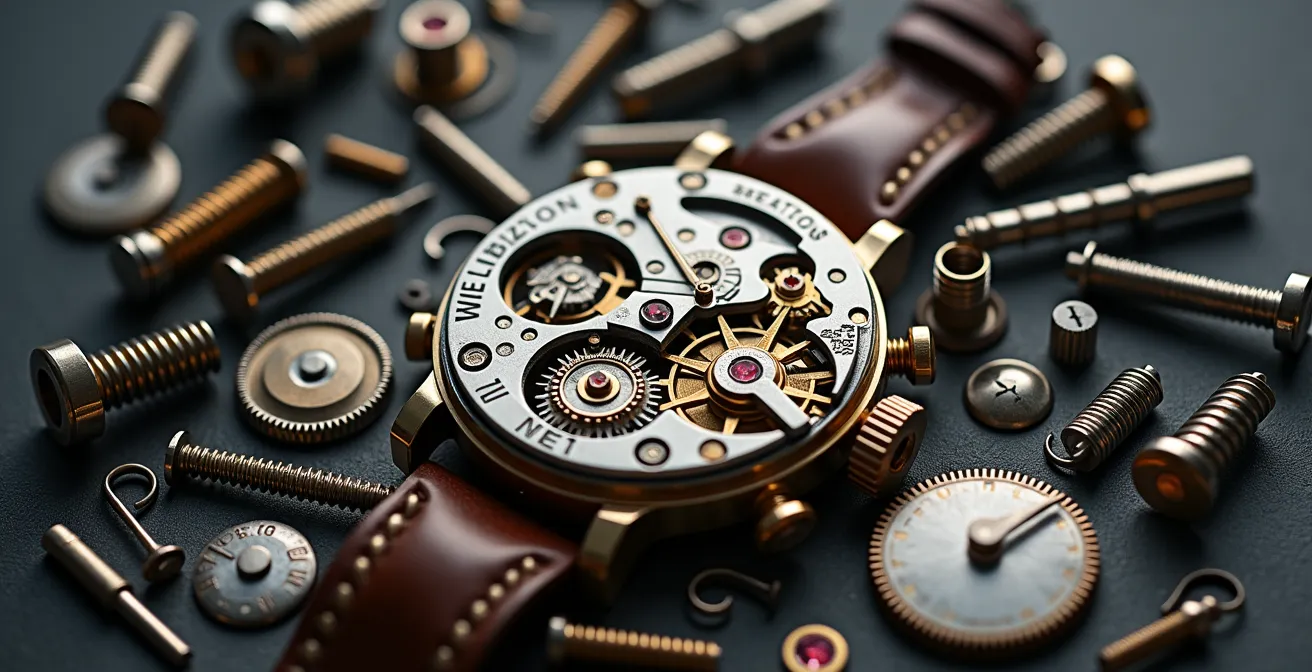 Macro view of disassembled watch movement showing intricate textures