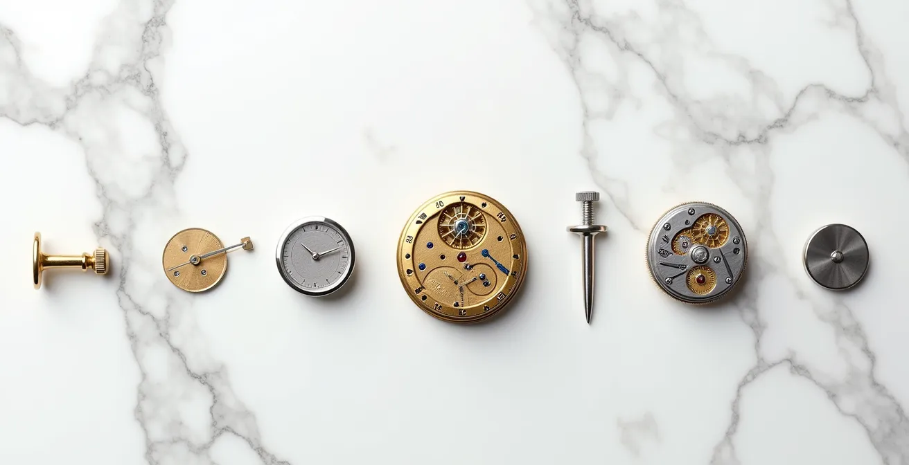 Precision watch components arranged in minimalist composition
